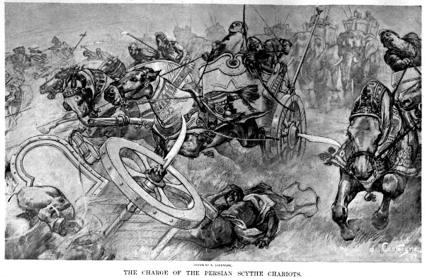 The_charge_of_the_Persian_scythed_chariots_at_the_battle_of_Gaugamela_by_Andre_Castaigne_(1898-1899) bis
